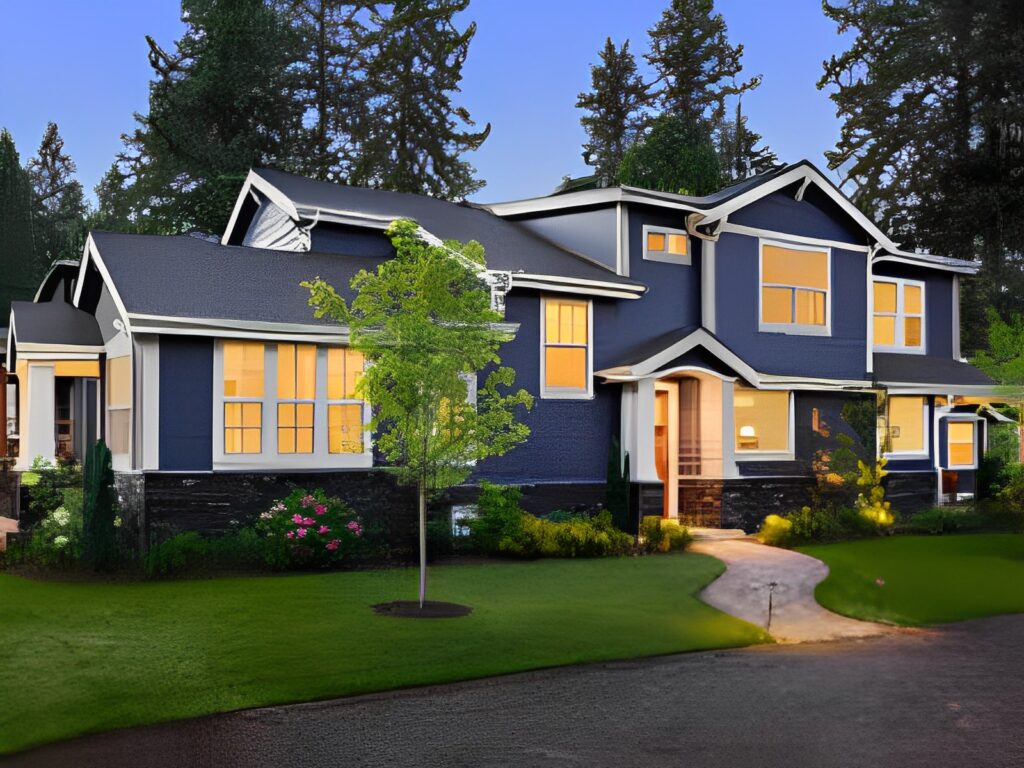 a-large-blue-house-with-a-lot-of-windows